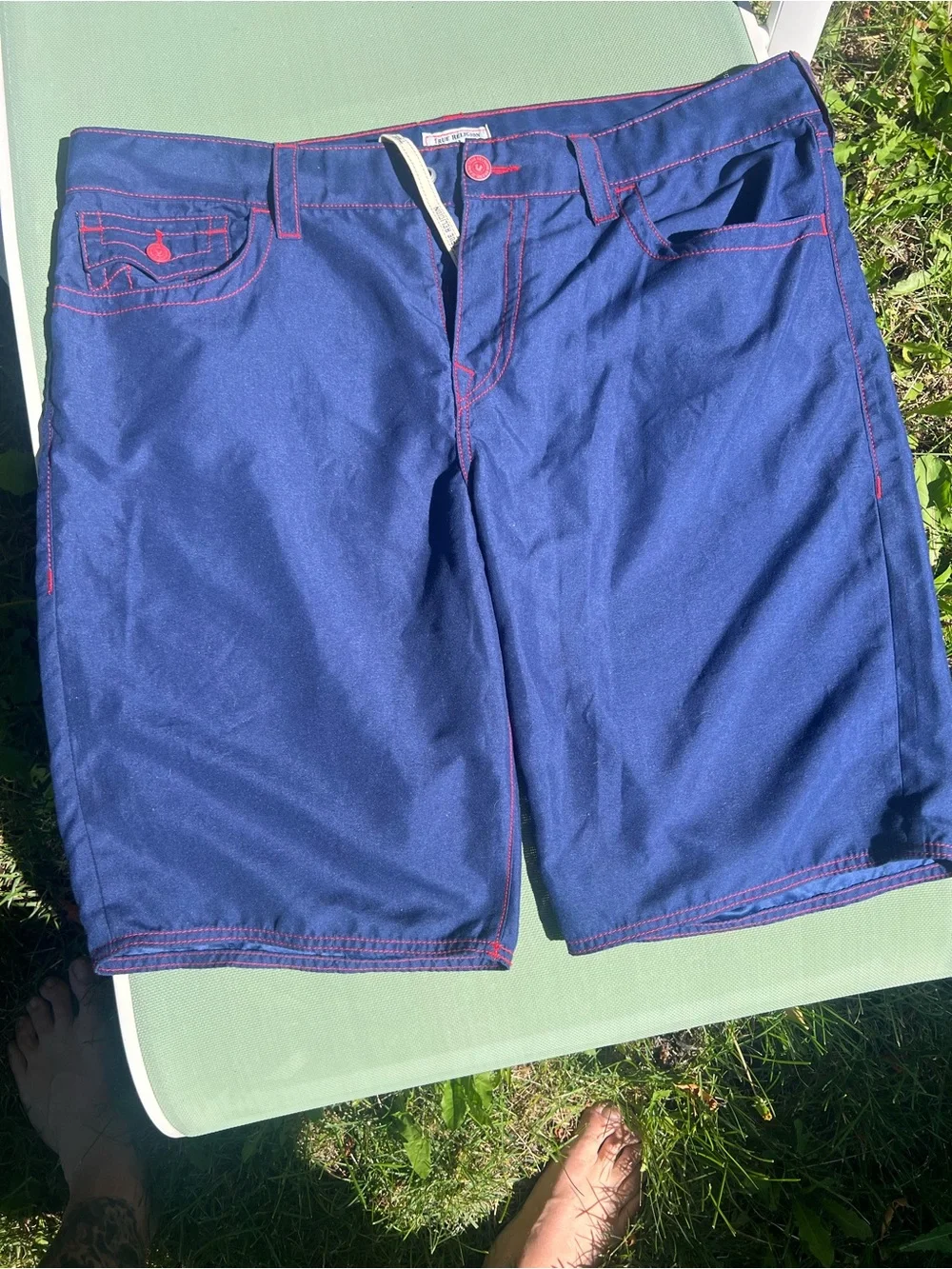True Religion blue Swim Board Shorts with red Stitching
